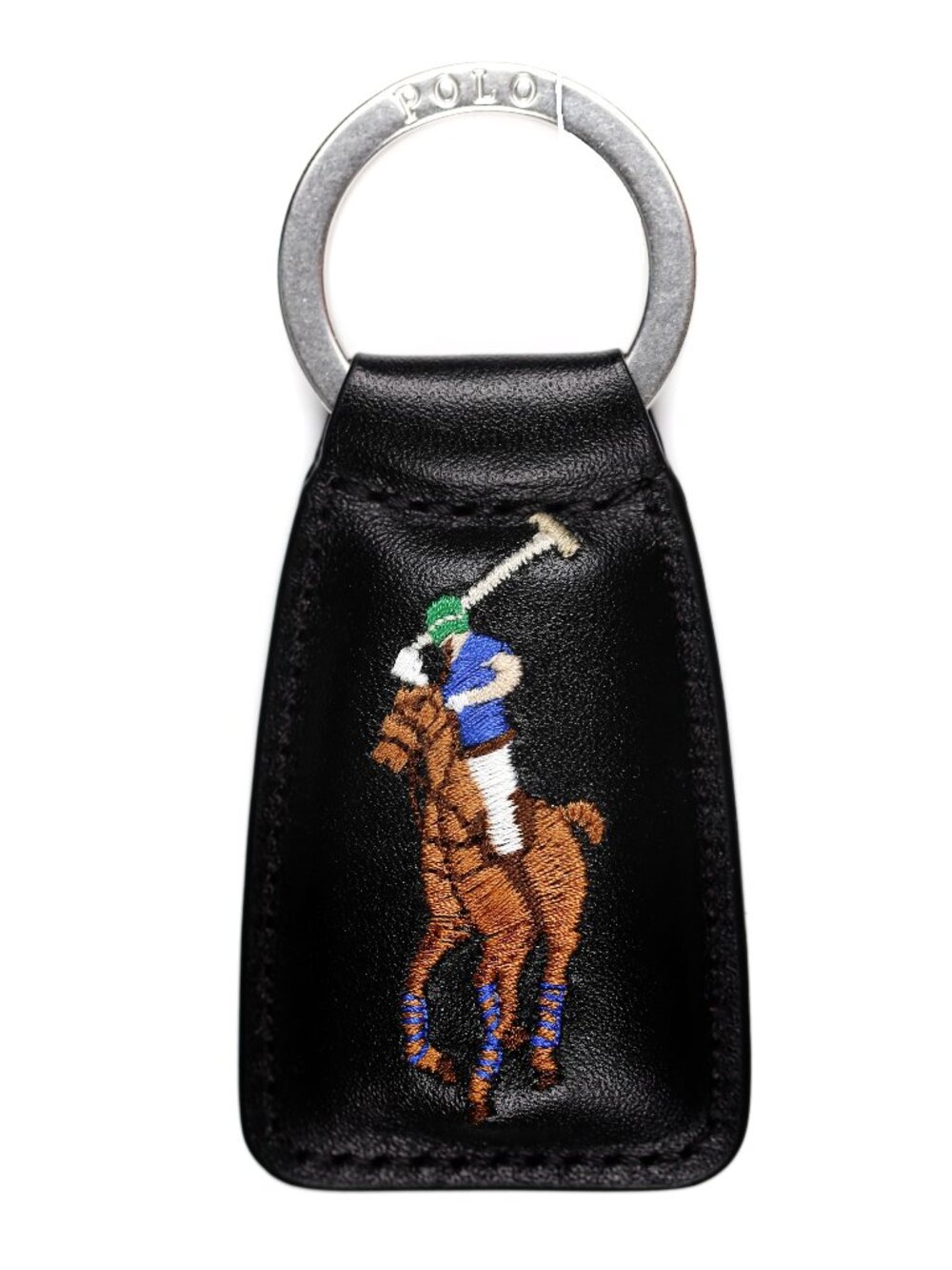 NWT Polo Ralph Lauren Embroidered Pony Black Leather Keychain Key Fob Ring
